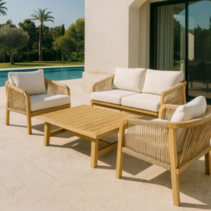 Salon de jardin en bois d'acacia et coussins beige 4 places SAONA