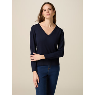 Oltre - Camiseta mezcla viscosa escote en V - Azul