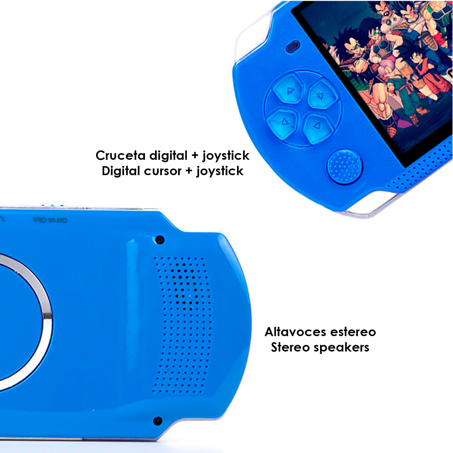 Consola de videojuegos X6 con juegos clásicos preinstalados. Reproductor multimedia con grabadora de sonido, cronómetro, calculadora y calendario.