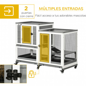 Conejera de Madera para Interior Jaula para Conejos Mascotas Pequeñas de 2 Niveles con 6 Ruedas 2 Escaleras 3 Bandejas Extraíbles y Zona Abierta 110x50x86 cm Gris