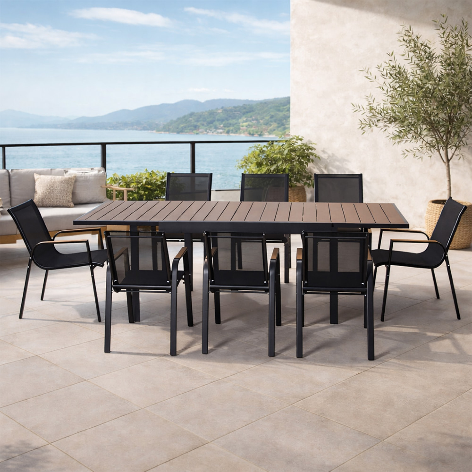 Salon de jardin 8 places avec table extensible 270cm en aluminium et bois BOHOL