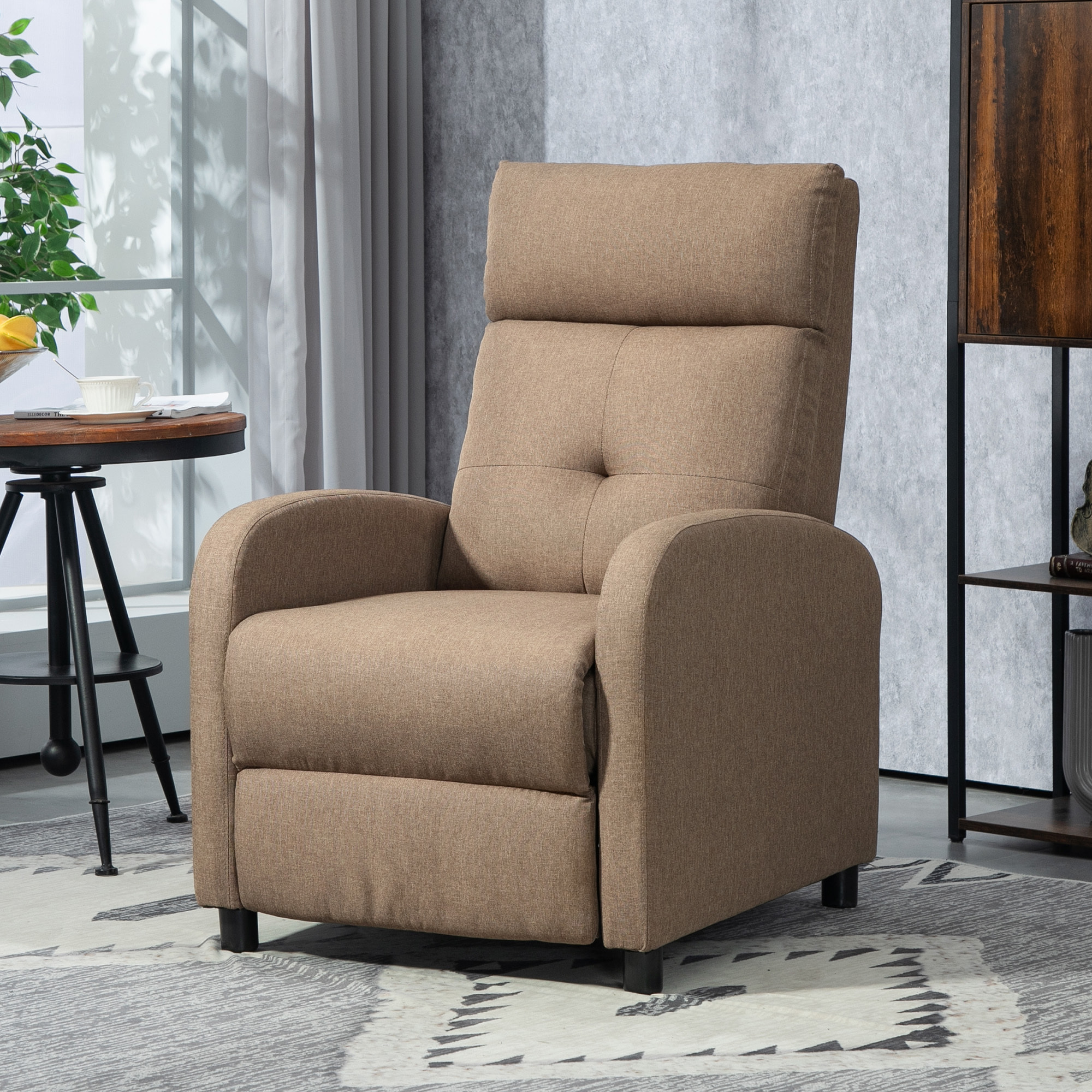 Sillón Relax Reclinable Manual, Sillón Relax de Lino con Apertura Push, Reposapiés, Respaldo Alto, Acolchado Grueso, Butaca Reclinable hasta 155Âº para Salón, Dormitorio, Oficina, Marrón