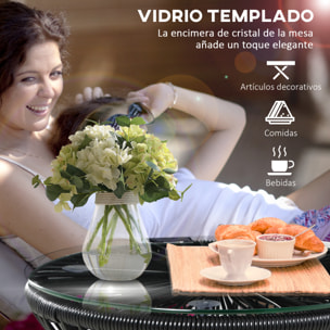 Mesa de Jardín de Ratán Sintético Mesa de Centro Redonda con Tablero de Vidrio Templado y Marco de Metal Carga 30 kg para Patio Jardín Balcón Ø40x42 cm Negro