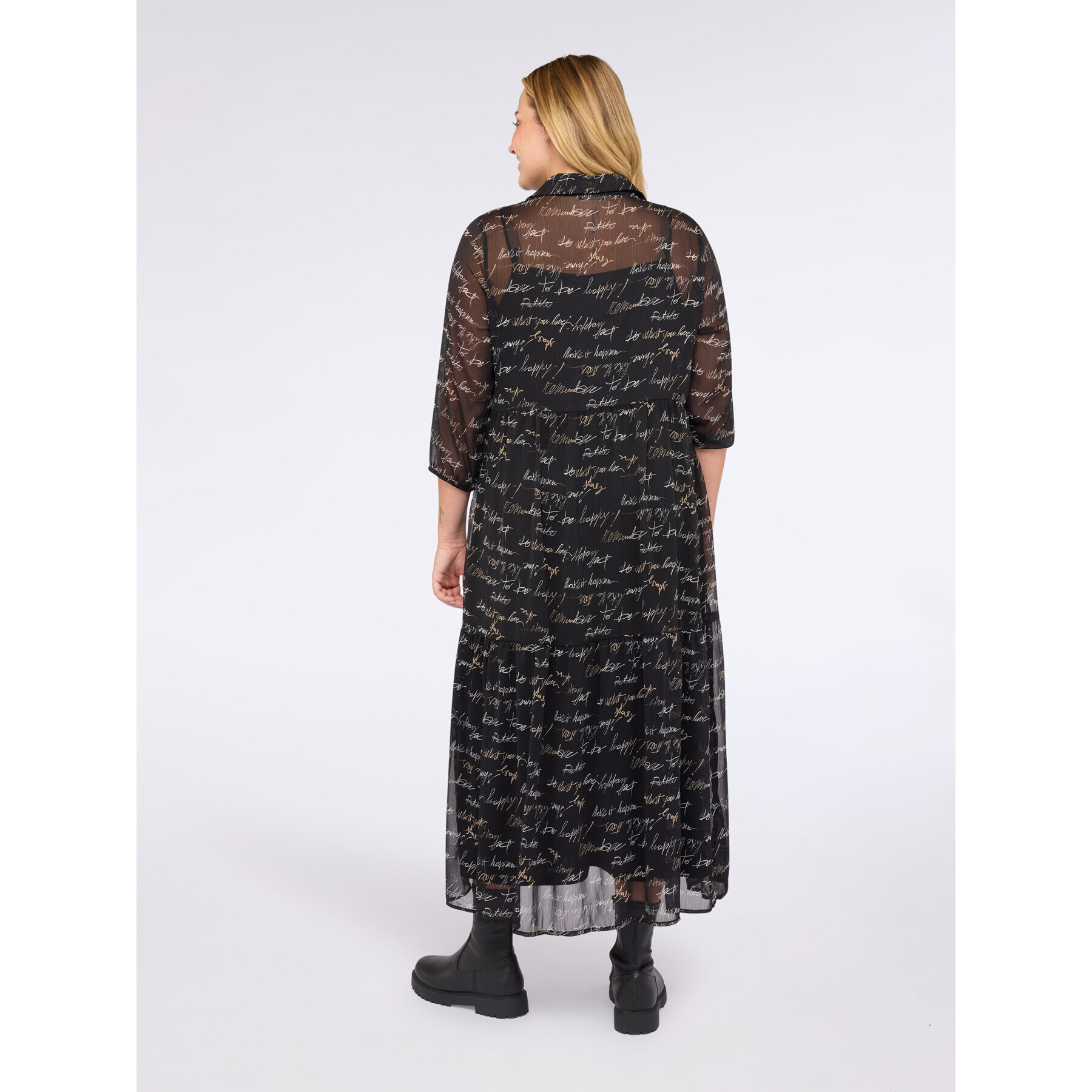 Fiorella Rubino - Vestito chemisier lungo con stampa lettering - Nero