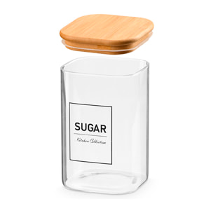 Bote cuadrado de borosilicato con tapa de bambu. Diseño "Sugar" 1,2L