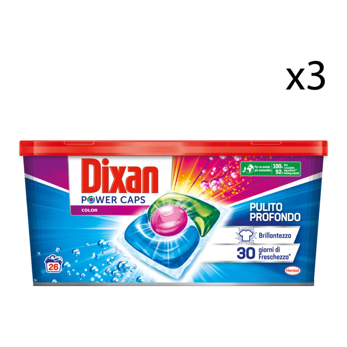 3x Dixan Power Caps Color Detersivo per Lavatrice Pulito Profondo - 3 Confezioni da 26 Capsule