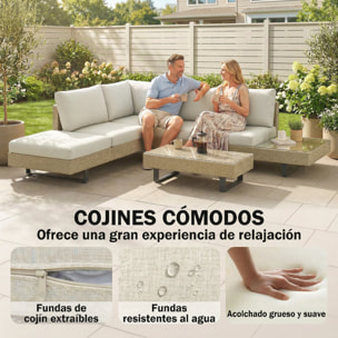 Conjunto de Jardín de Ratán de 3 Piezas, Conjunto Terraza Resistente, Muebles Jardín Exterior Incluye Cojines, Sofá de 3 Plazas, Sofá de 2 Plazas con Mesa Lateral, Mesa Centro de Vidrio Beige