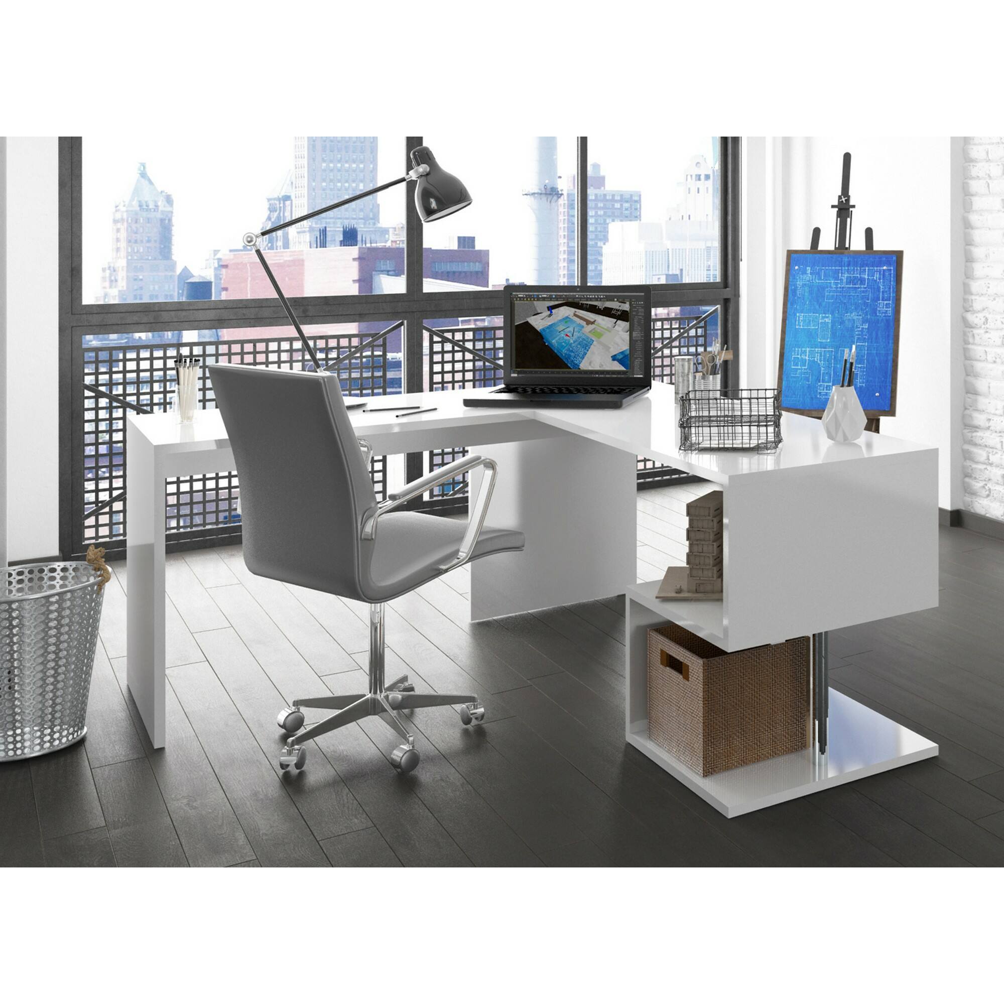 Scrivania ad angolo per ufficio e studio con scaffale, Made in Italy, Tavolo da computer, Scrittoio porta PC, cm 160x60h78, colore Bianco lucido