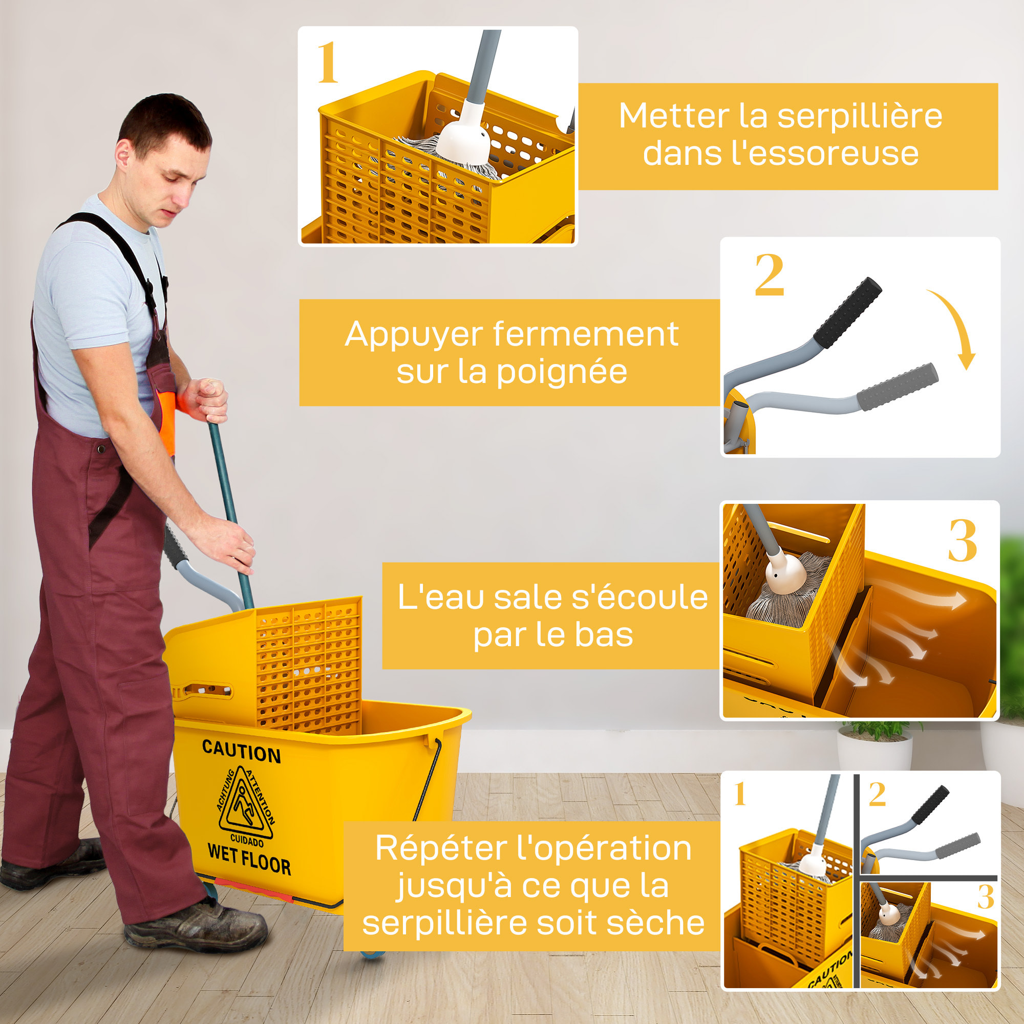 Chariot de ménage chariot de lavage nettoyage professionnel essoreuse latérale seau 20L poignée et serpillère jaune