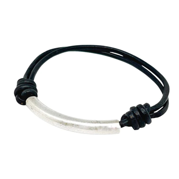 Pulsera Manba cuero negro y plata chapado