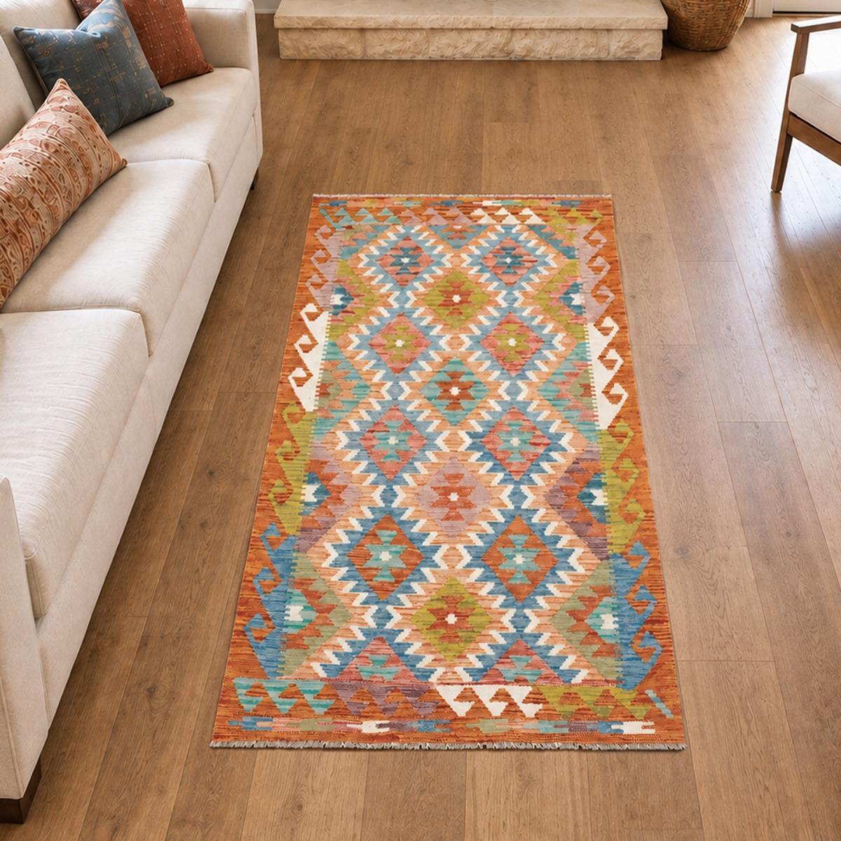 Tapis kilim, motif géométrique authentique, tissé plat, TABIL