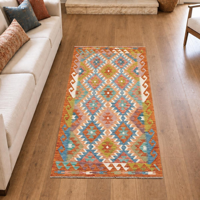 Tapis kilim, motif géométrique authentique, tissé plat, TABIL
