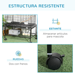 Jaula para Pájaros con Ruedas 79x49x133 cm Pajarera Metálico Jaula Grande con Soporte con 4 Comederos 3 Perchas Juguetes Bandeja Extraíble Estante para Canarios Periquitos Negro