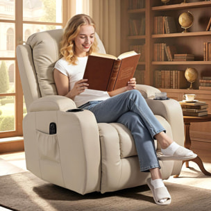 Sillón de Masaje Giratorio, Sillón Relax Reclinable con 8 Puntos de Masaje, Función Calefacción Lumbar, Mando a Distancia, Tapizado en PU, Reposapiés, Bolsillo Lateral, Función Basculante Crema
