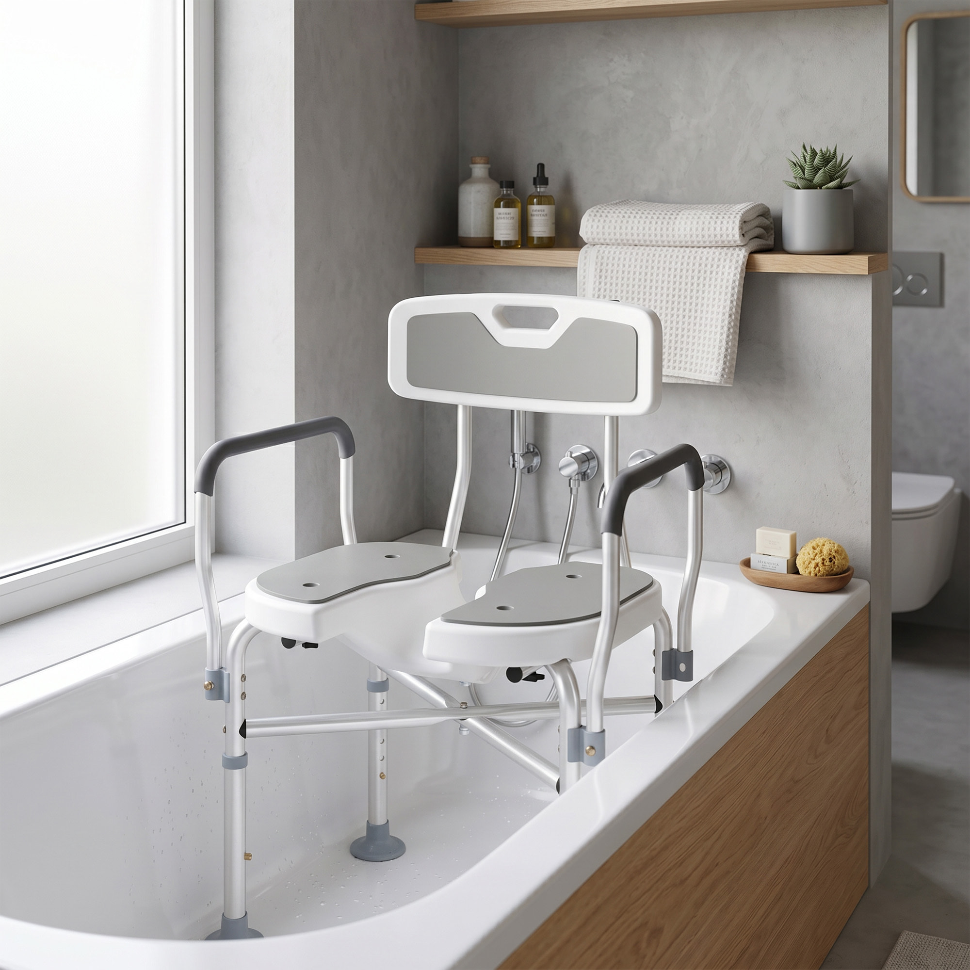 Silla Ducha Personas Mayores, Silla de Ducha con Asiento Ranurado, Altura Regulable, Taburete de Baño Antideslizante con Respaldo y Reposabrazos, Carga 136 kg, para Discapacitados, Gris
