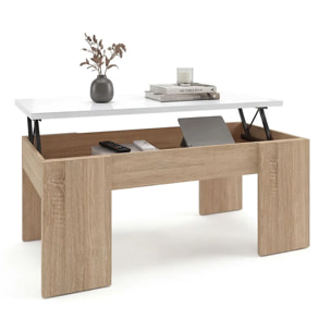 Mesa de centro elevable con almacenaje en roble canadian y blanco artik 100x45-56 cm Vita Roble Canadian - Blanco Artik (Blanco Mate)