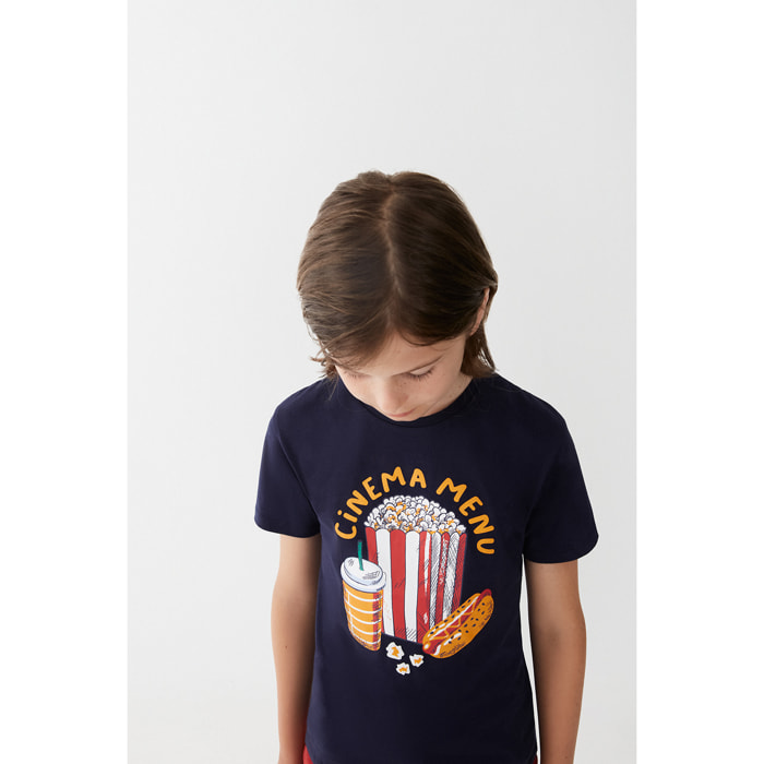 Camiseta para Niño de Algodón con Estampado 'Cinema Menu', Color Azul Marino, Estilo Casual y Divertido | Color: Marino | Street Monkey