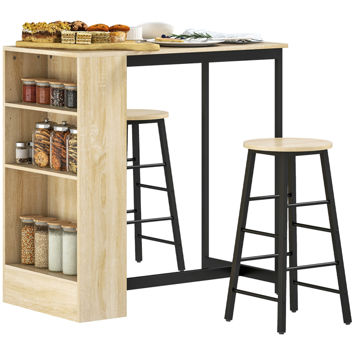 Conjunto Mesa Alta de Cocina con 2 Taburetes, Mesa Alta de Bar, Ahorro de Espacio, Marco de Acero, Reposapiés, 3 Compartimentos Abiertos, Estante Ajustable, para Comedor, Isla Cocina, Roble