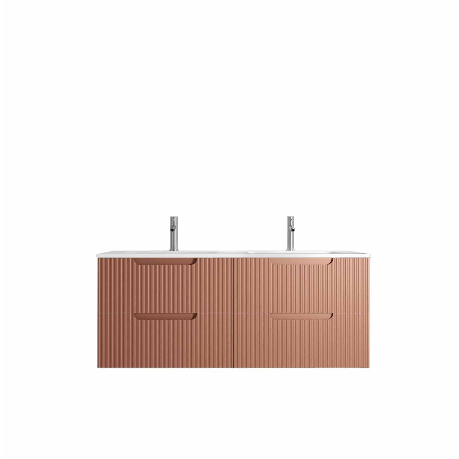 Meuble de Salle de Bains LEON 120cm Terracotta - 4 Tiroirs en MDF Ondulés - Vasque à encastrer