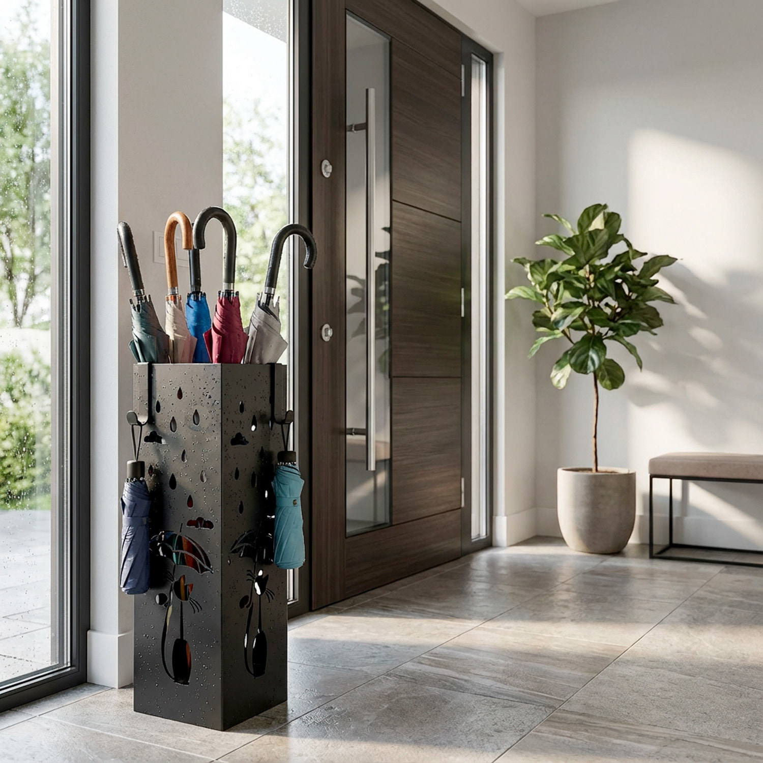 Portaombrelli In Metallo Con Decorazione Gatto Vaschetta Scolapioggia Removibile E 2 Ganci Laterali Base Antiscivolo Quadrato 49 x 15.5 x 15.5 Cm Nero