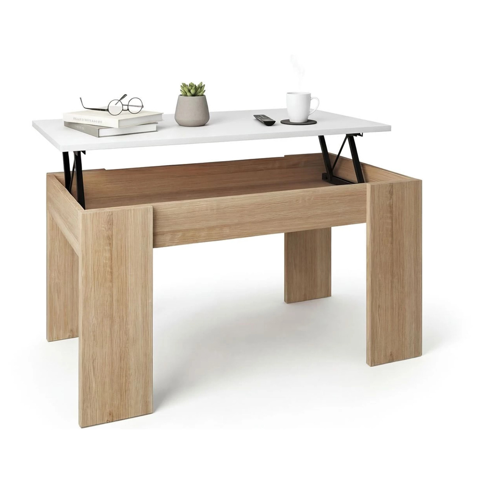 Mesa de centro elevable con almacenaje en roble canadian y blanco artik 90x43-53 cm Norak Roble Canadian - Blanco Artik (Blanco Mate)