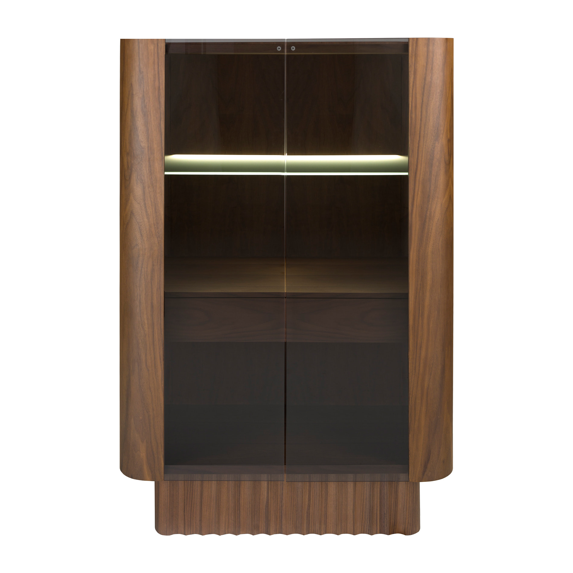 Aparador alto de madera chapada en nogal natural Iluminación interior 100x50x150cm