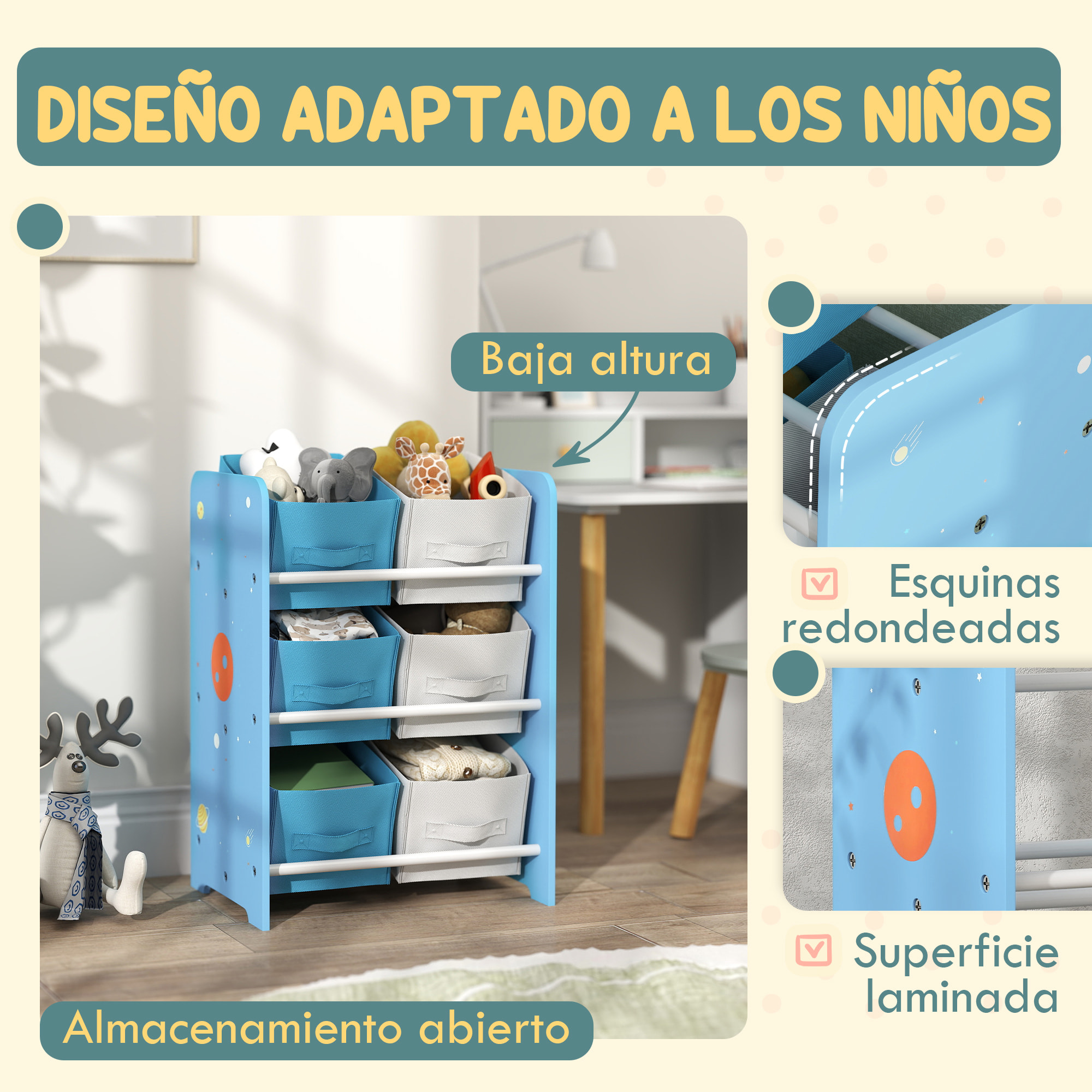 Estantería Infantil para Niños de +3 Años Estantería para Juguetes con 6 Cajas de Tela no Tejida Extraíbles Organizador de Juguetes para Dormitorio Guardería 43x30x60 cm Azul