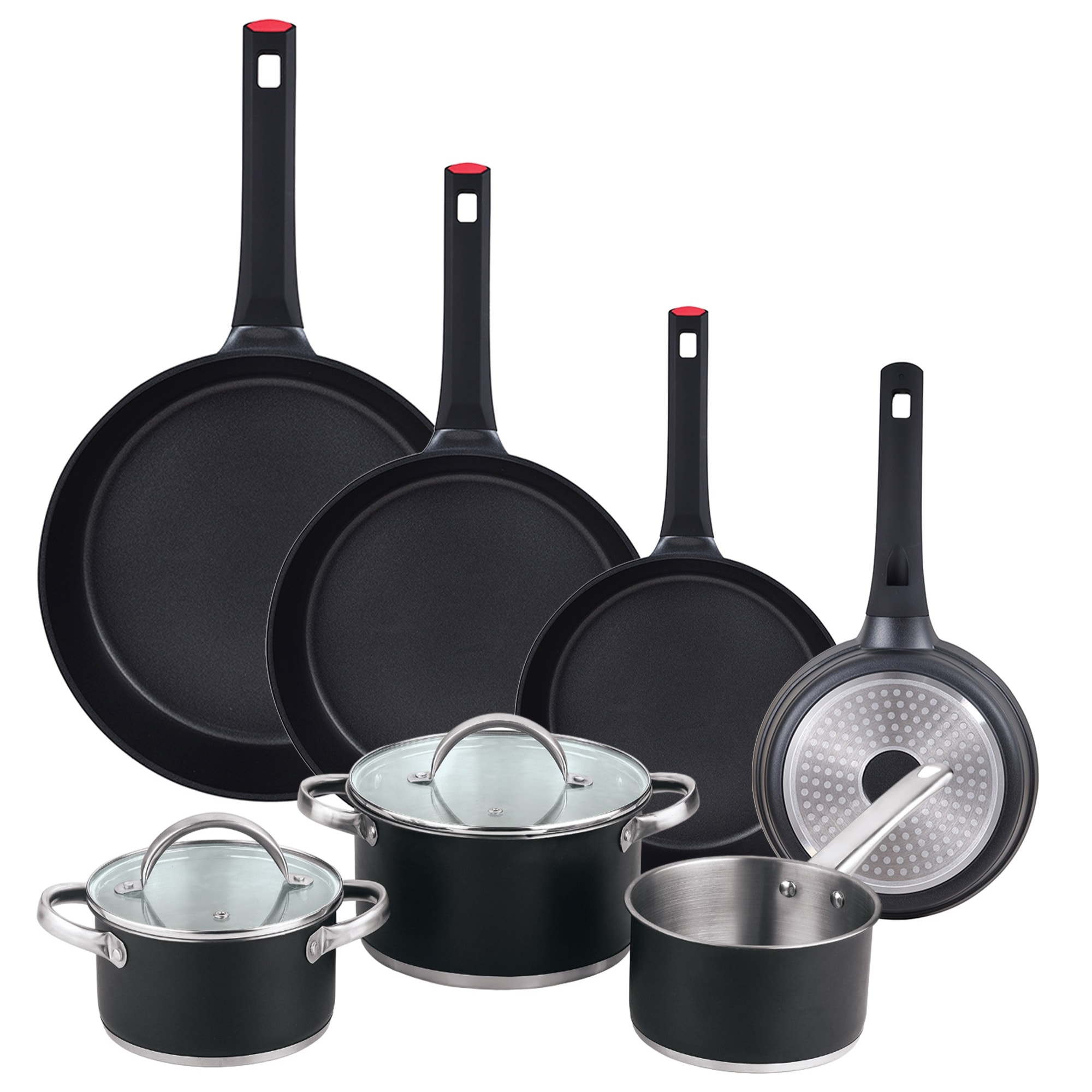 Batería de cocina 5pc ø16ø20ø24 con tapas + juego de sartenes ø20ø24ø28ø30 aluminio fundido san ignacio