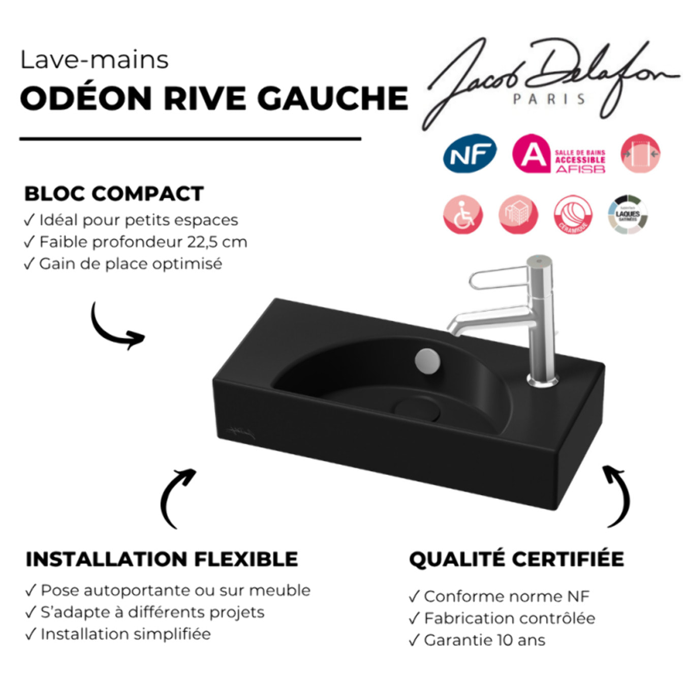 Lave-mains compact 50 cm Odéon Rive Gauche 1 trou de robinetterie à droite Noir satiné