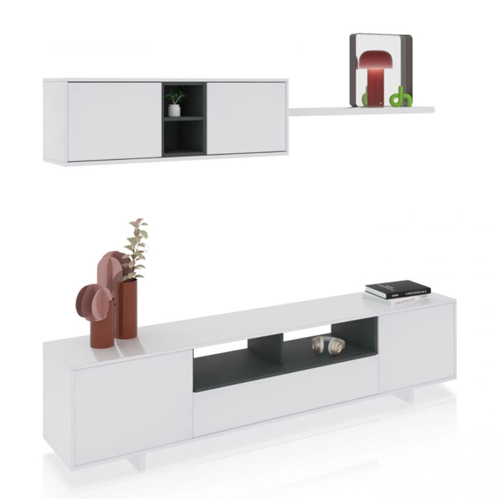 Salón con mueble de TV y estantería en blanco brillo y gris antracita 200 cm Kenzo Blanco Brillo - Gris Antracita