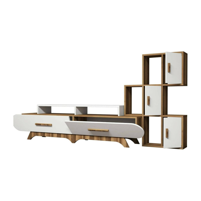 Parete attrezzata Lupo, Composizione soggiorno, Mobile salotto multiuso, Armadio porta TV, 205x37h50 cm, Noce e Bianco