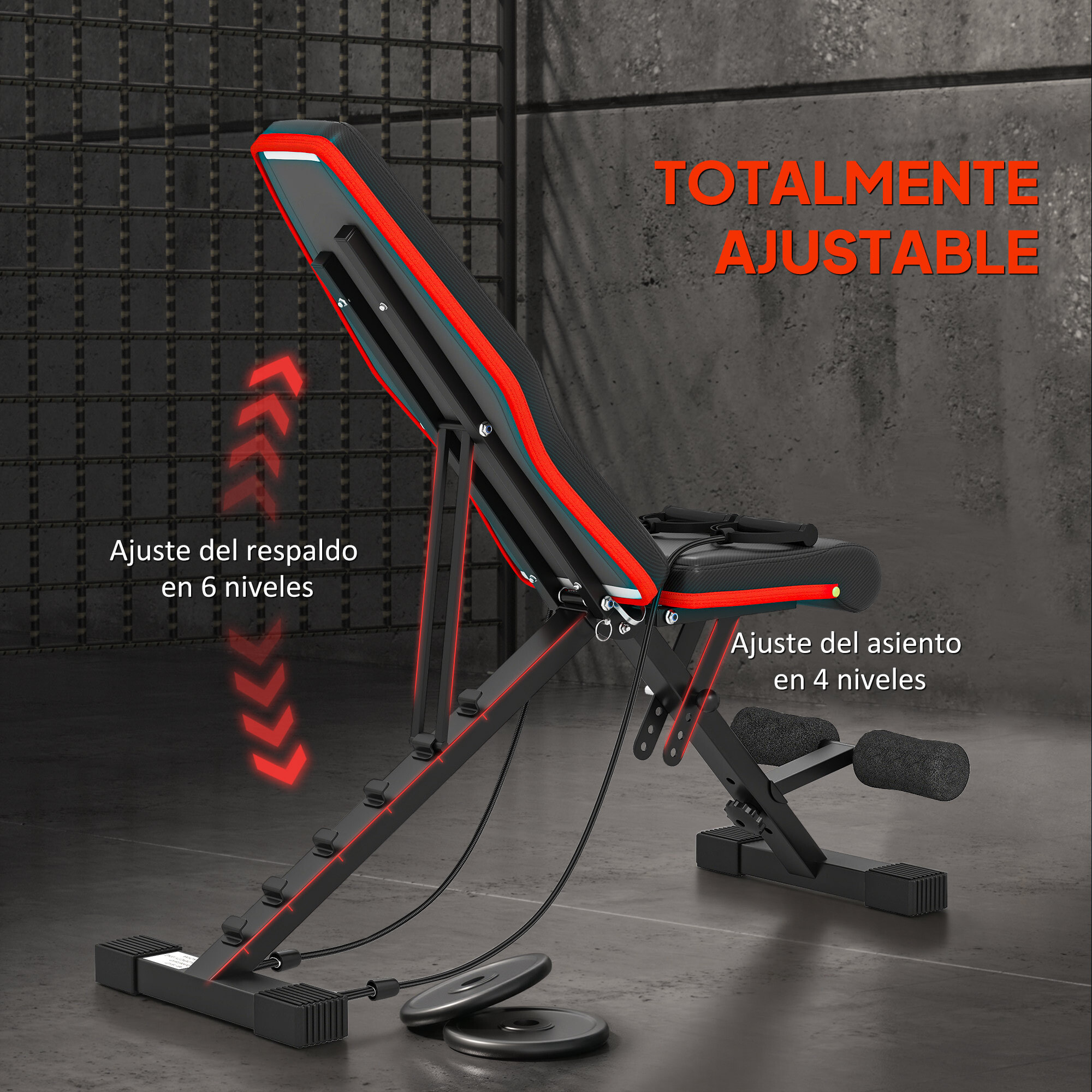 Banco de Musculación Plegable, Banco de Pesas, Respaldo y Asiento Ajustables, Extensión de Pierna, Cojín de Predicador y Banda de Resistencia, para Entrenamiento Completo, Gimnasio en Casa