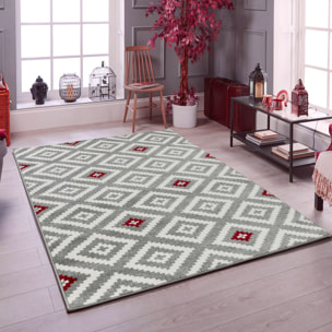 Tavla - tapis de salon en laine artificielle motif graphique rouge et gris