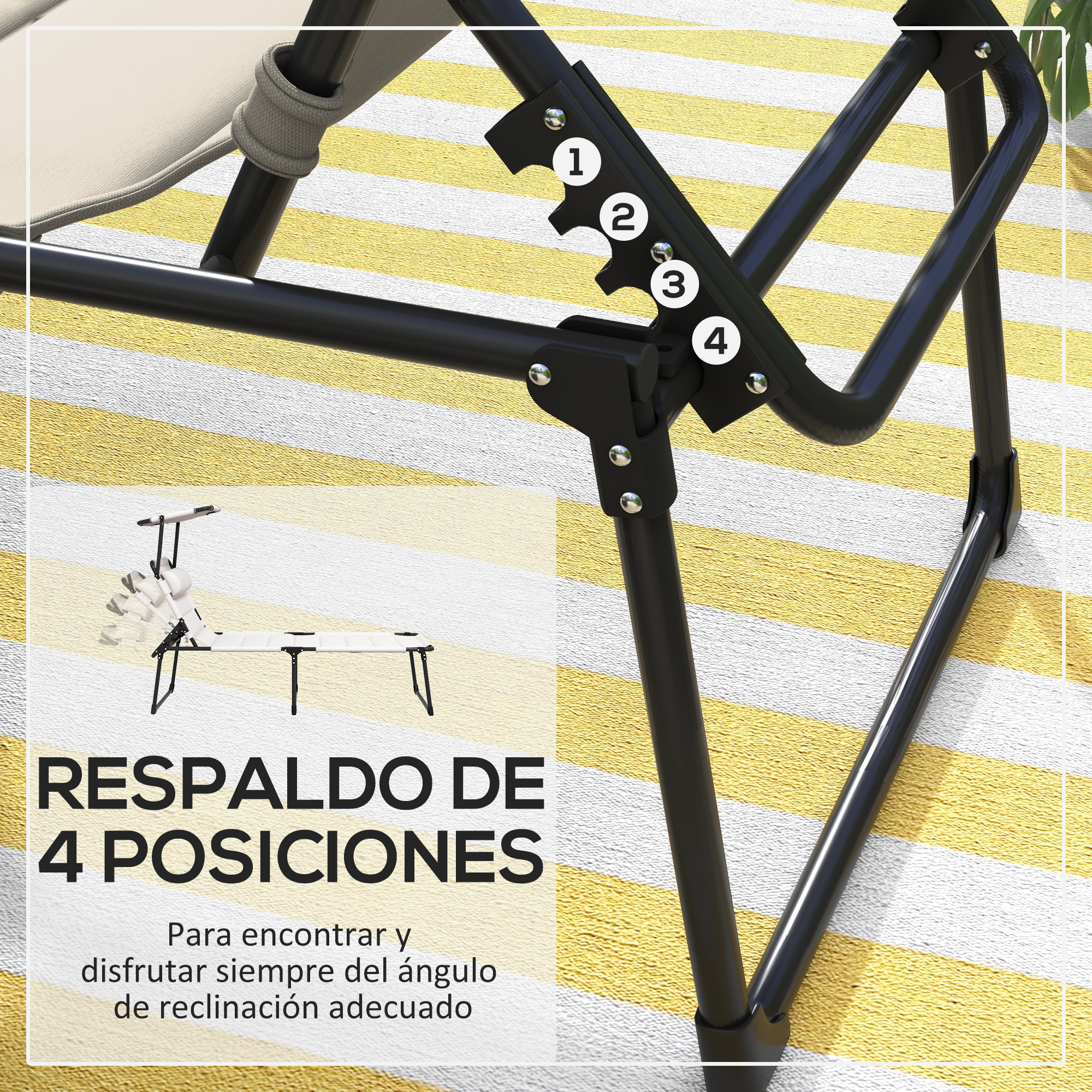 Tumbona Plegable Tumbona de Jardín con Toldo Ajustable Respaldo Regulable en 4 Niveles y Reposacabezas para Terraza Piscina 70x200x45 cm Crema