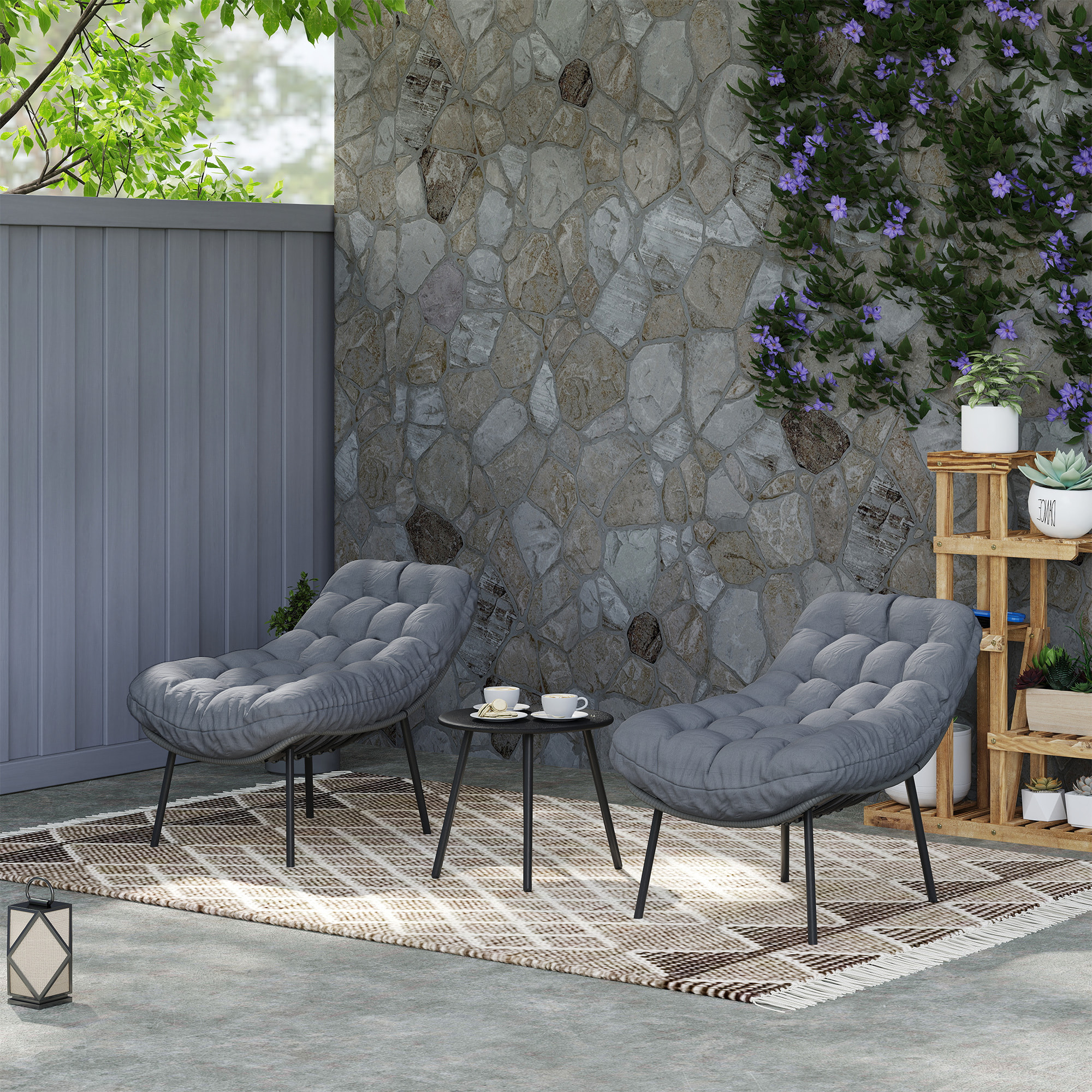 Salon de jardin 2 places 3 pièces style cosy épais coussins capitonnés 15 cm acier résine gris