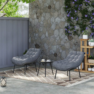 Salon de jardin 2 places 3 pièces style cosy épais coussins capitonnés 15 cm acier résine gris