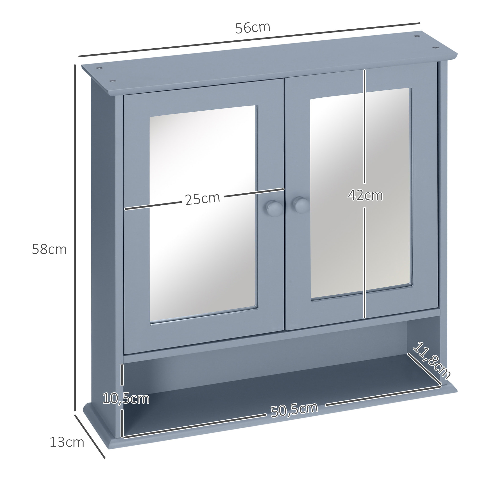 Armoire murale étagère salle de bain 56L x 13l x 58H cm double porte miroir étagère réglable MDF gris