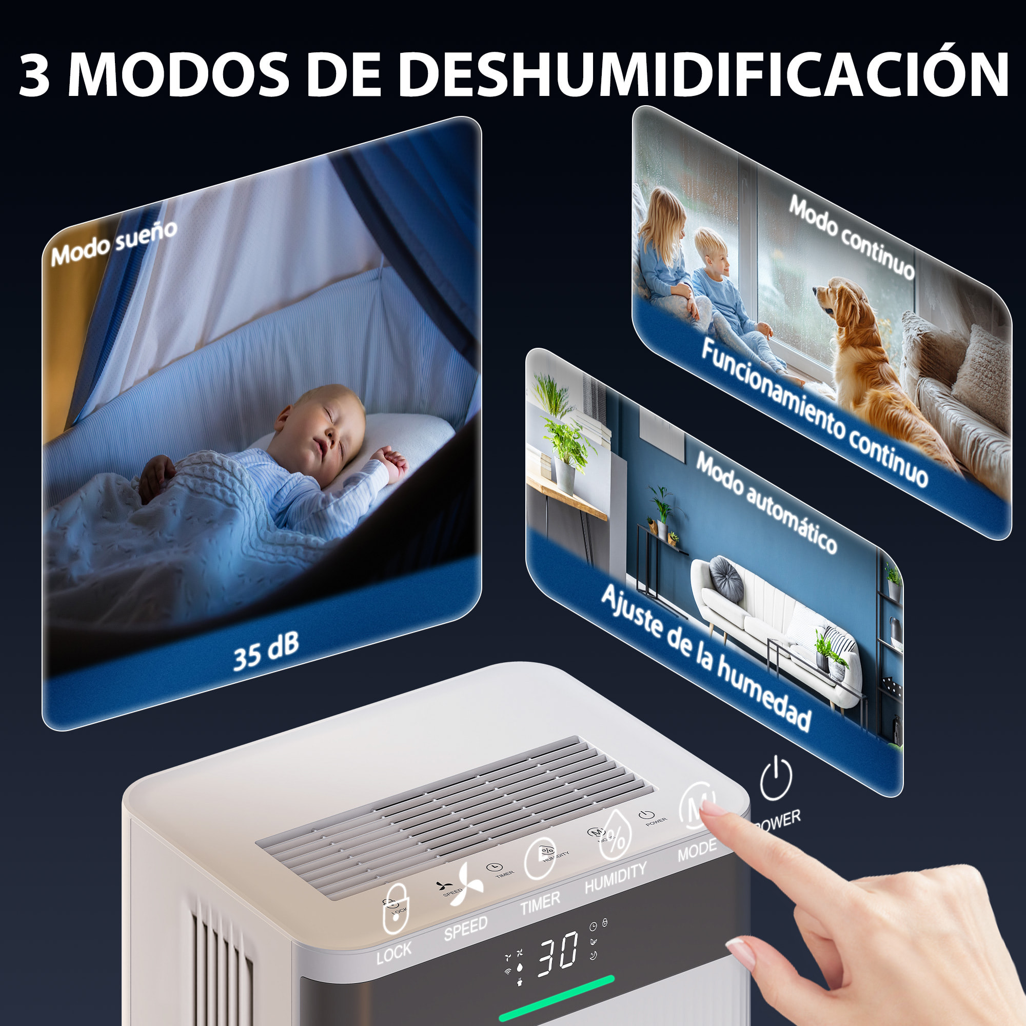 Deshumidificador 12L/día, Depósito 2L, Silencioso, Deshumidificador Eléctrico con 3 Modos, Pantalla LED, Temporizado 24 H, Bloqueo Infantil y Drenaje Continuo, hasta 12-25㎡, Blanco