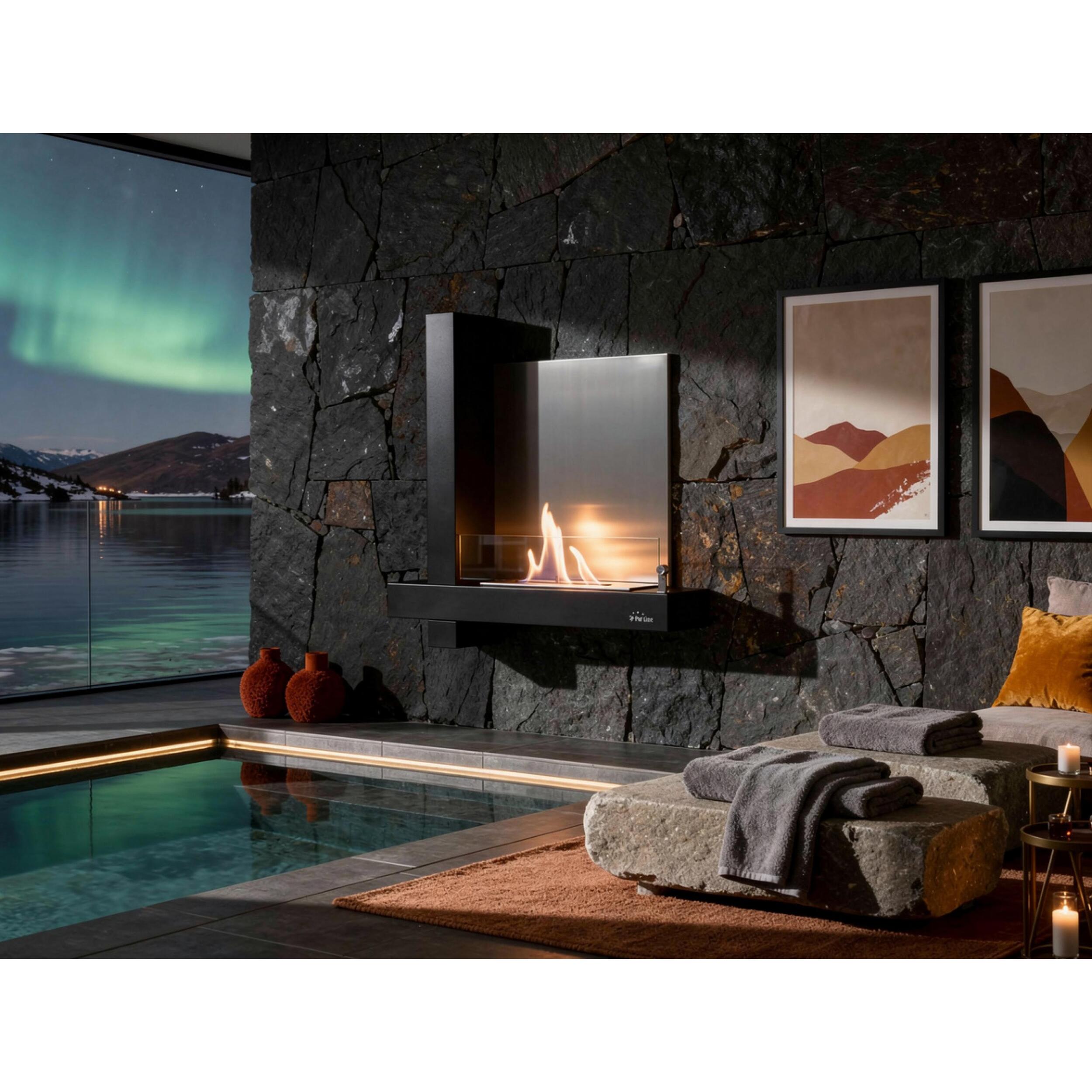 Cheminée à l'éthanol en verre et acier inox noir