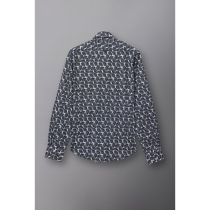 Camicia Uomo 2 Bottoni Button Down Slim Popeline Stampato Bianco/Nero