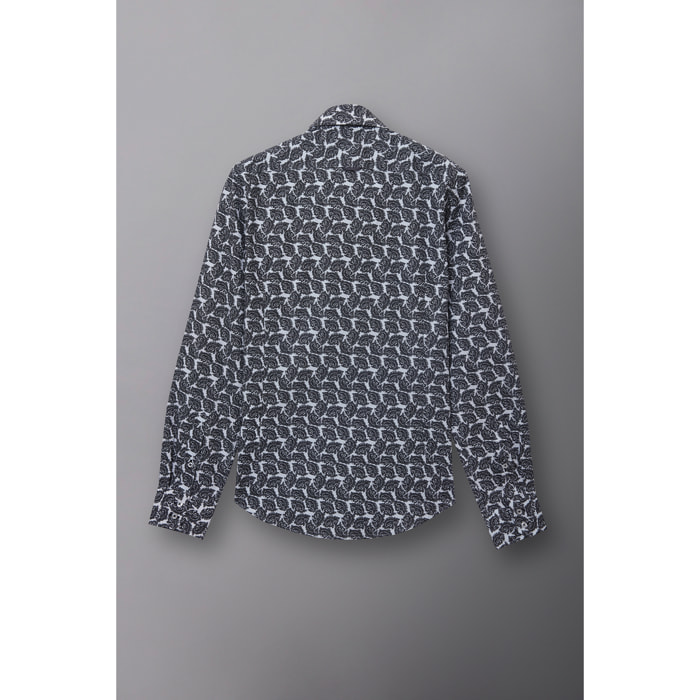 Camicia Uomo 2 Bottoni Button Down Slim Popeline Stampato Bianco/Nero