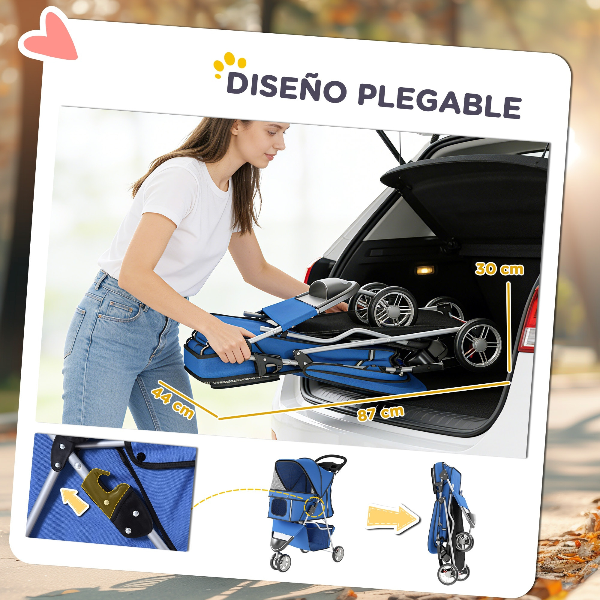 Carrito para Perros Plegable, Cochecito para Perros Pequeños con Cesta de Almacenaje, Ventanas de Malla, Portavasos y Ruedas, Carga 10 kg, 77x44x102 cm, Azul