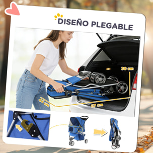 Carrito para Perros Plegable, Cochecito para Perros Pequeños con Cesta de Almacenaje, Ventanas de Malla, Portavasos y Ruedas, Carga 10 kg, 77x44x102 cm, Azul
