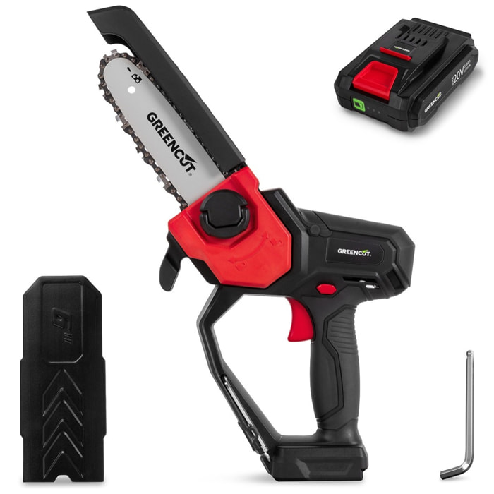 Motosierra de mano con batería de litio de 20V para poda con espada de 152mm, 6" - Greencut GSM200L