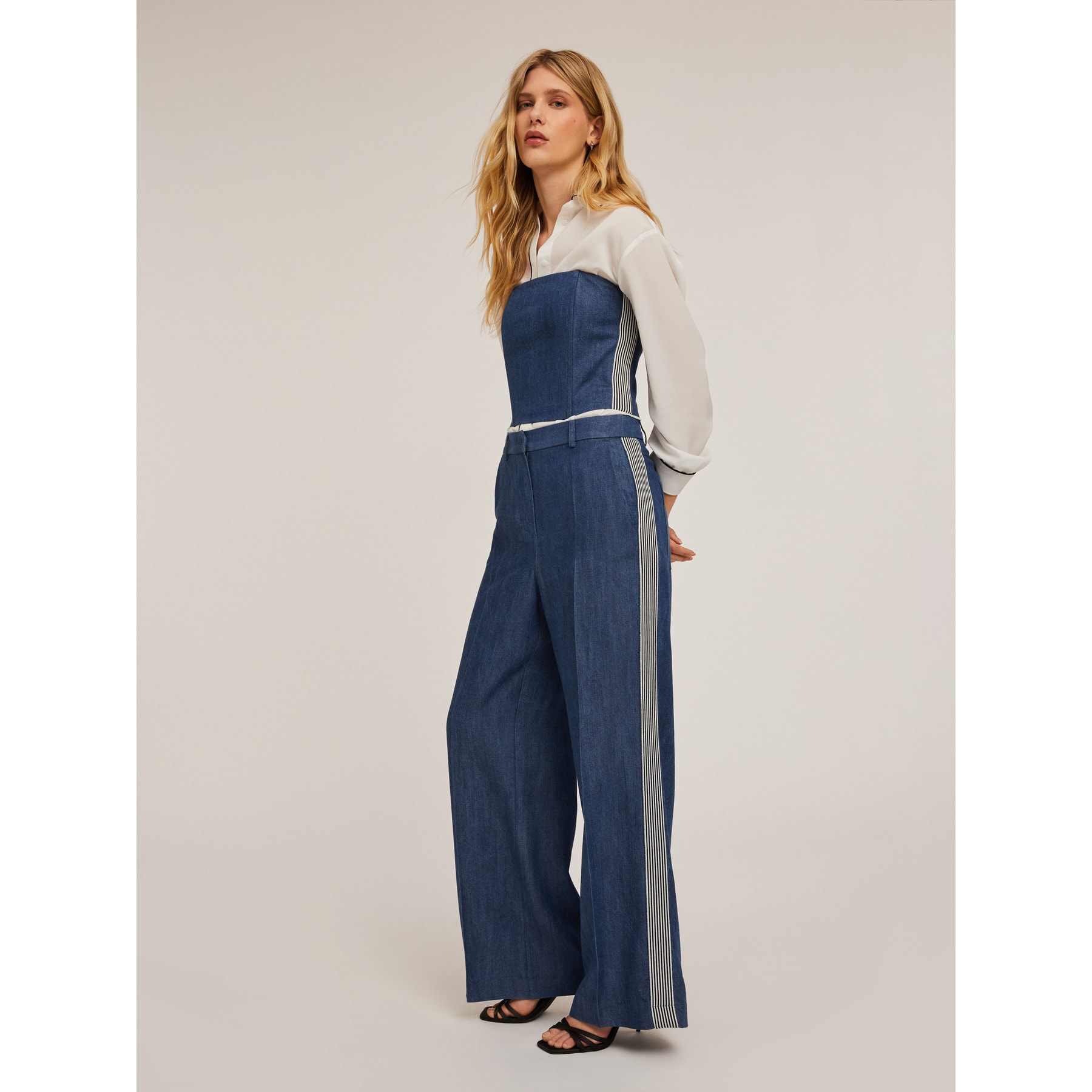 Motivi - Pantaloni palazzo effetto denim con bande laterali - Blu