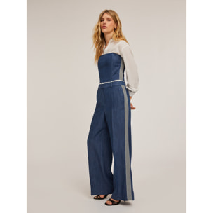 Motivi - Pantaloni palazzo effetto denim con bande laterali - Blu