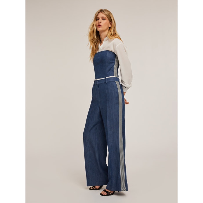 Motivi - Pantaloni palazzo effetto denim con bande laterali - Blu