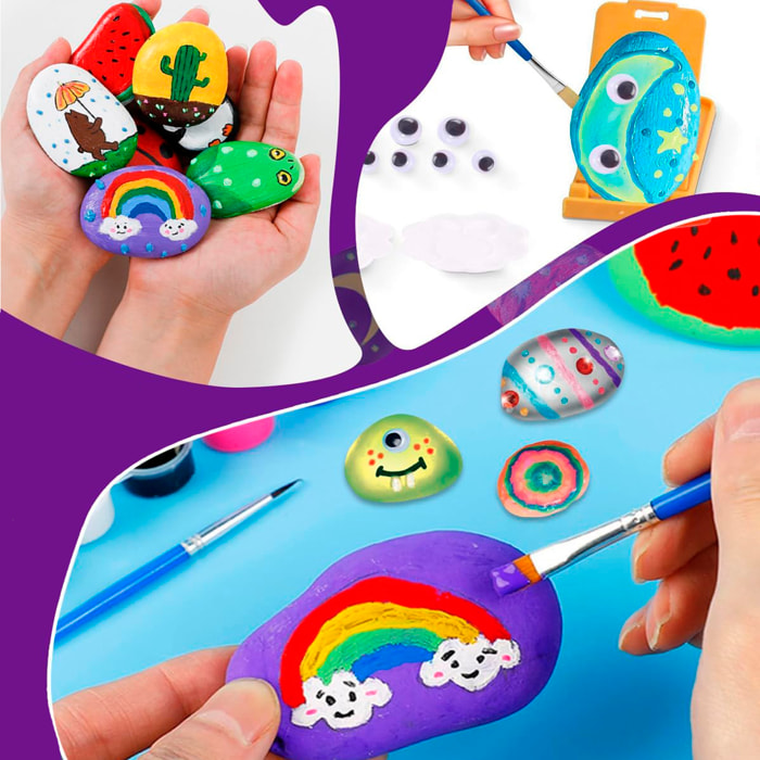 Kit creativo de pintura para piedras, con efecto de brillo en la oscuridad. Incluye pinceles, 12 pinturas, pegatinas, ojos saltones y polvos decorativos.