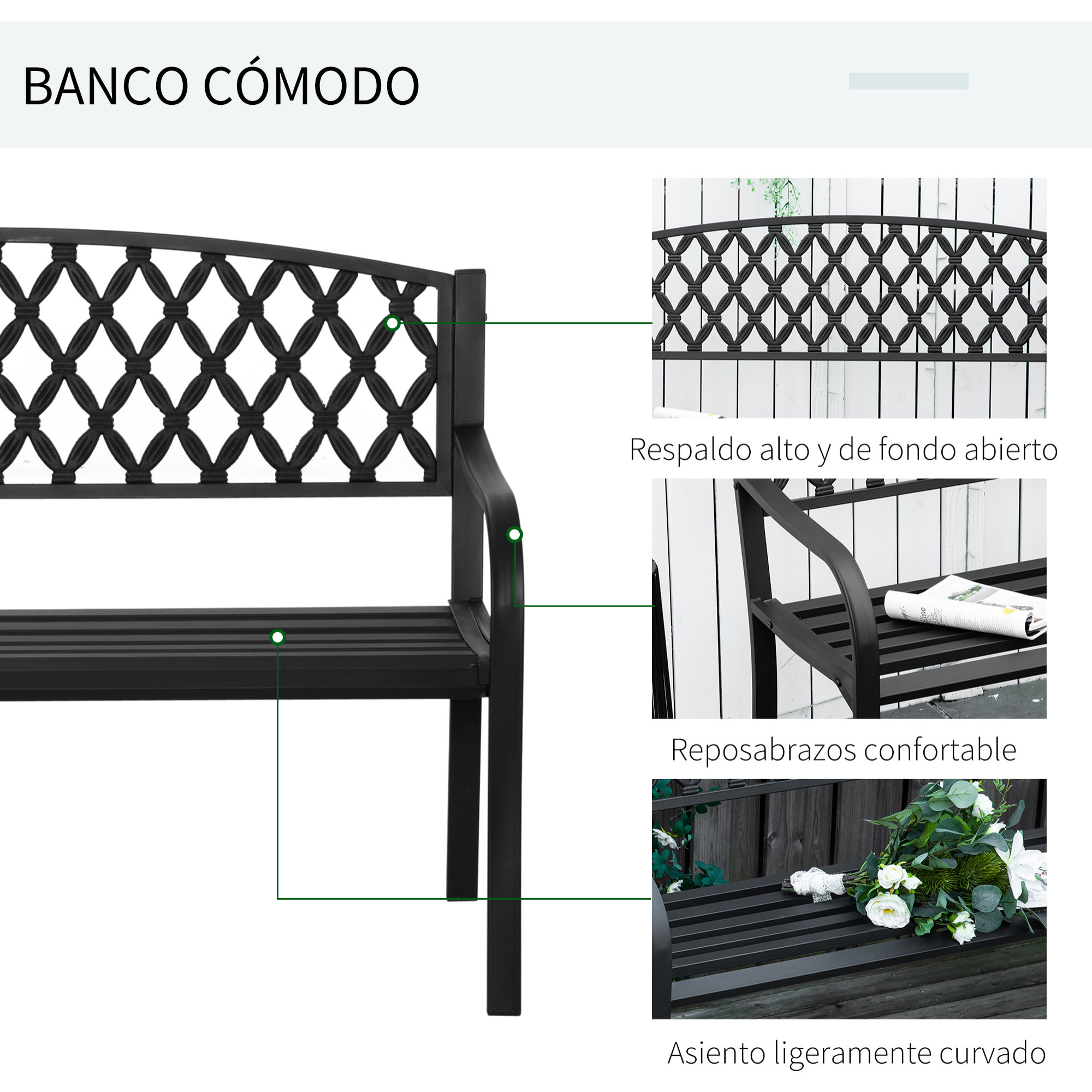 Outsunny Banco de Jardín de 2 Plazas con Reposabrazos Hierro Fundido Acero 128x58,5x89 cm