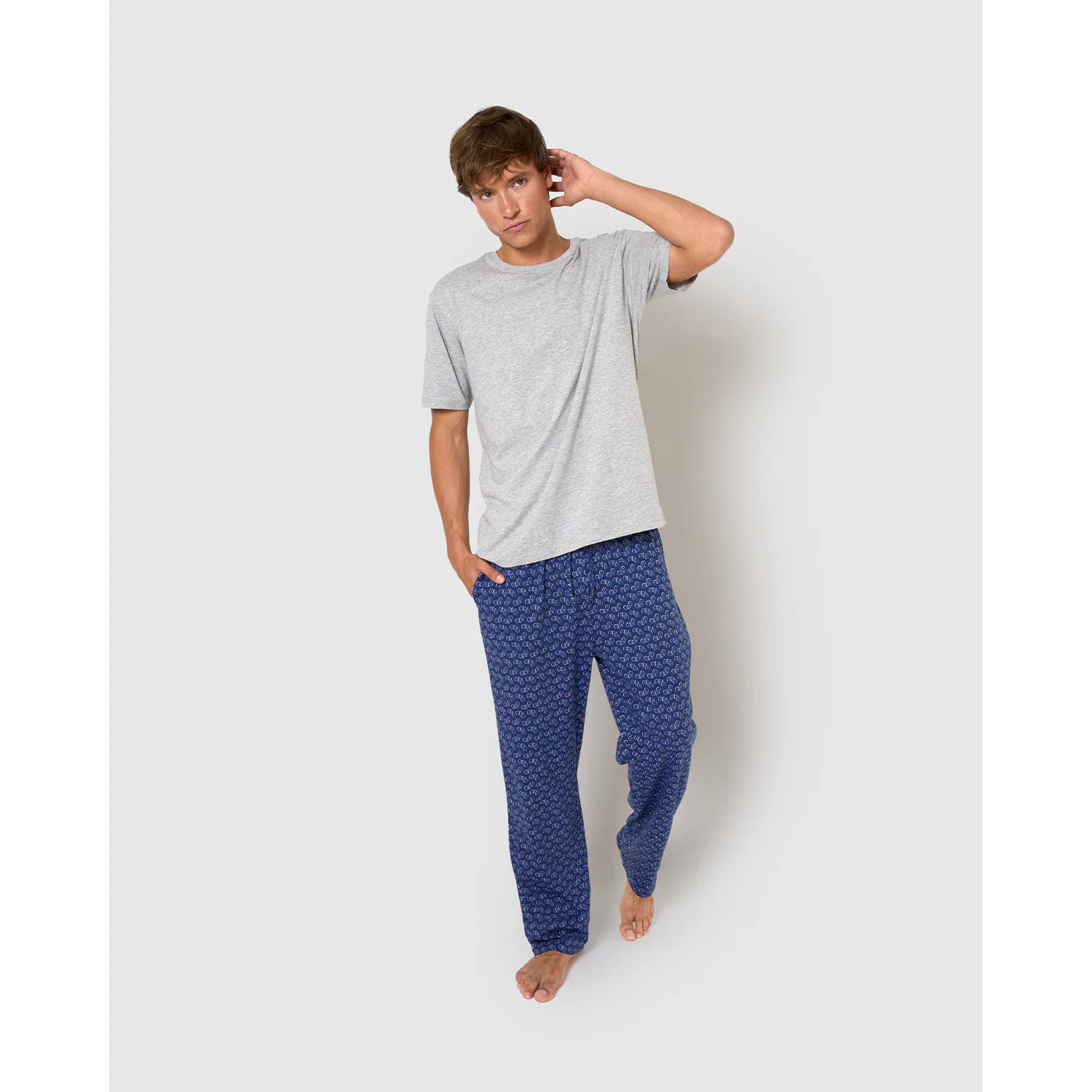Pigiama lungo in cotone cicle, a maniche corte, con stampa denim grigia
